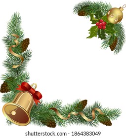Christmas decor on a white background.Fir branches, Christmas bell and serpentine on a white background for Christmas decor.