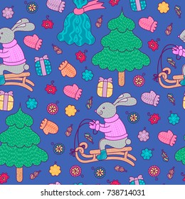 Christmas decor pattern with Bunny on a sled, New Year tree, bag with gifts, gifts, Christmas toys. Vector pattern is suitable for textile, wrapping, decorating cards, invitations and scrapbook.