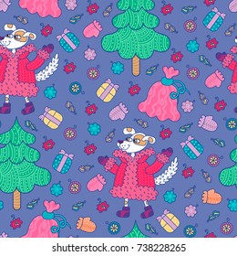 Christmas decor pattern with dog, New Year tree, bag with gifts, gifts, Christmas toys, knitted gloves. Vector pattern is suitable for textile, wrapping, decorating cards, invitations and scrapbook.