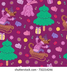 Christmas decor pattern with dog on a sled, New Year tree, bag with gifts, gifts, Christmas toys. Vector pattern is suitable for textile, wrapping, decorating cards, invitations and scrapbook.