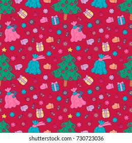  Christmas decor pattern with New Year tree, bag with gifts, gifts, Christmas toys, knitted gloves. Vector pattern is suitable for textile, wrapping, decorating cards, invitations and scrapbook. 