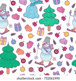 Christmas decor pattern with Snowman on skis, New Year tree, bag with gifts, gifts, Christmas toys. Vector pattern is suitable for textile, wrapping, decorating cards, invitations and scrapbook.