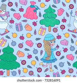 Christmas decor pattern with Snowman on skis, Snow Maiden, New Year tree, bag with gifts, Christmas toys. Vector pattern is suitable for textile, wrapping, decorating cards, invitations and scrapbook.