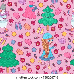 Christmas decor pattern with Snowman on skis, Snow Maiden. Vector pattern is suitable for textile, wrapping, decorating cards, invitations and scrapbook.