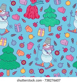 Christmas decor pattern with Snowman on skis, New Year tree, bag with gifts, gifts, Christmas toys. Vector pattern is suitable for textile, wrapping, decorating cards, invitations and scrapbook.