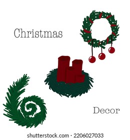 Christmas decor with pine and balls with candles