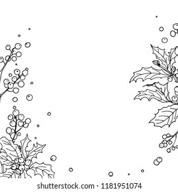 Christmas decor, plants line drawn on a white background. Sketch of berries and leaves. Winter berries, mistletoe, holly