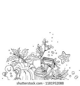 Christmas decor, plants line drawn on a white background. Sketch of berries and leaves. Mistletoe, holly, Cocoa, biscuits, marmalade, candies, sweets