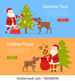 Christmas decor and present with Santa Claus on different blue and orange backgrounds. Man and big reindeer decorate fir tree, prepare presents for children all around the world. Vector illustration