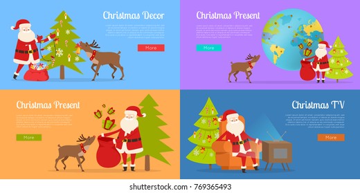 Christmas decor and present with Santa Claus on different backgrounds. Man and reindeer decorate fir tree, prepare presents for kids and send them. Vector illustration of Santa watching holiday show.