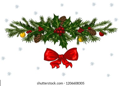 Christmas decor with red bow, pine cones and holly. Colorful Christmas decoration with holly and bow.