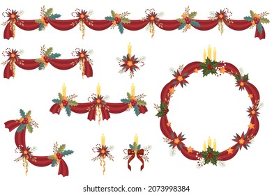 Christmas decor with red ribbons. Horizontal, corner and round decorations. Bows with candles