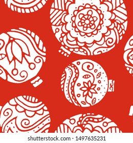 Christmas decor seamless pattern. floral decor on a red background. Use for background, wrapping paper, covers, fabrics, cards, stationery. Vector