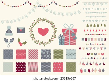 Christmas decor set. 15 garland lights vector brushes, decor elements and 12 seamless winter patterns. Perfect for christmas greeing card and party invitation. Isolated. Vector eps 10