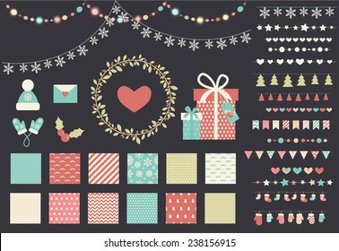 Christmas decor set. 15 garland lights vector brushes, decor elements and 12 seamless winter patterns. Perfect for christmas greeing card and party invitation. Isolated. Vector eps 10