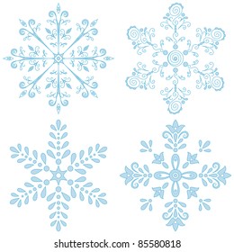 Christmas decor: set blue snowflakes on white background. Vector