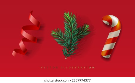 Christmas decor set. Candy stick, fir tree branch, party streamer. Vector illustration