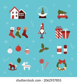 Christmas decor set. Collection of New Year's decorations, small houses, a car with a Christmas tree, holiday socks, a glass ball with snow, a gnome, sweets. Vector illustration with isolated elements