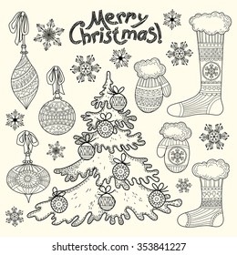 Christmas Decor. Set. Freehand drawing. Black and white.