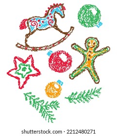 Christmas decor set. Rocking horse, gingerbread man, star, ball. Hand drawing cute cartoon background. Fir tree and snow. Crayon, pastel chalk, kid pencil funny doodle simple vector stroke