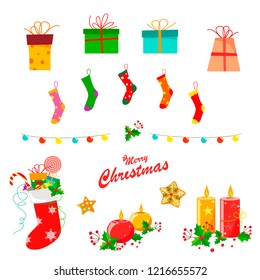 Christmas decor set with socks, lanterns, gifts, candles, holly leaves and cookies