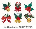 Christmas decor set. Winter bouquets with golden bells, red bows, holly leaves and berries. 
