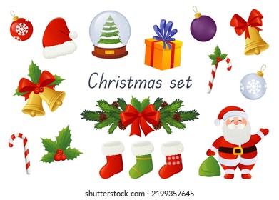 Christmas decor and symbols 3d realistic set. Bundle of toy balls, Santa Claus, glass snow globe with tree, gift box, bell, wreath, holly, socks and other isolated elements.Vector illustration