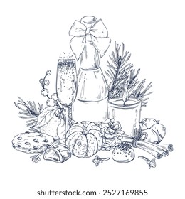 Christmas decor with tangerines, champagne. sweets and pine branches. Graphic illustration hand drawn in black ink. Composition, sublimation, arrangement EPS vector.