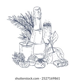 Decoração de Natal com tangerinas, champanhe. doces e ramos de pinheiro. Mão de ilustração gráfica desenhada a tinta preta. Composição, sublimação, disposição EPS vetor.