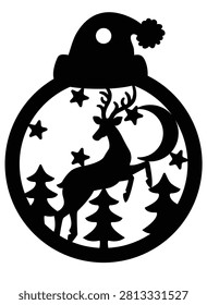 Christmas decor, a Christmas tree ornament with a deer, moon, trees, and stars – vector silhouette for laser cutting or stenciling. A Christmas tree ball with a Santa hat, a flat New Year's ornament for cutting.