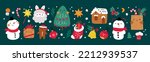 Christmas decor vector cartoon flat illustration. Traditional New Year design elements. Winter holidays collection with cute Christmas characters: Santa, Snowman, Gingerbread man, tree, gifts 