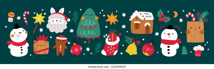 Christmas decor vector cartoon flat illustration. Traditional New Year design elements. Winter holidays collection with cute Christmas characters: Santa, Snowman, Gingerbread man, tree, gifts 