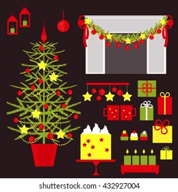 Christmas decor - Vector illustration. Christmas tree, fireplace, lanterns, candles, cake, gifts.