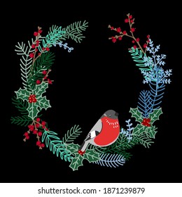 Decoración navideña vectorial de invierno. Ramas y hueso, bullfinch