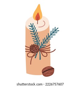 Christmas decorated candle, vector illustration of handmade candle with spruce, cone, winter home decoration for holidays, scandy decor, scented candles for aromatherapy,  isolated colored clipart