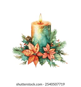 christmas decorated candle vector illustration in watercolor style