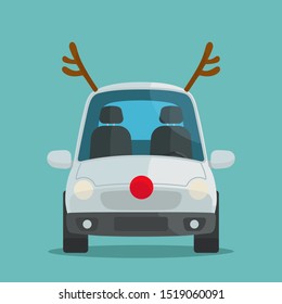 Christmas decorated car with deer antlers and red nose. Christmas decor kit for auto. Santa Claus car. Vector illustration, flat design, cartoon style. Isolated background.