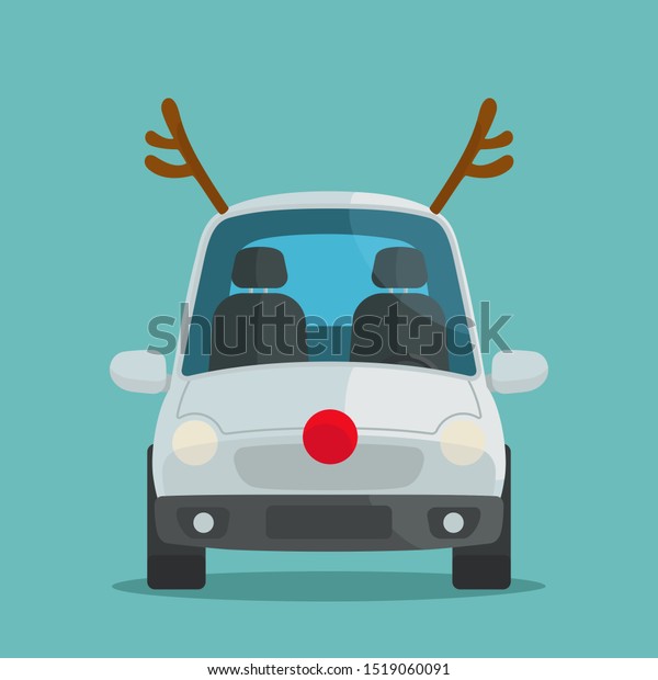 Christmas decorated\
car with deer antlers and red nose. Christmas decor kit for auto.\
Santa Claus car. Vector illustration, flat design, cartoon style.\
Isolated background.
