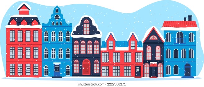 Christmas decorated city house facade, New Year greeting card with a small town cottage house vector illustration.