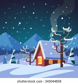 Christmas decorated country house in mountains foothills. Snowy winter. Flat style isolated vector illustration.