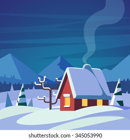 Christmas decorated country house in mountains foothills. Rural snowy winter. Flat style isolated vector illustration.