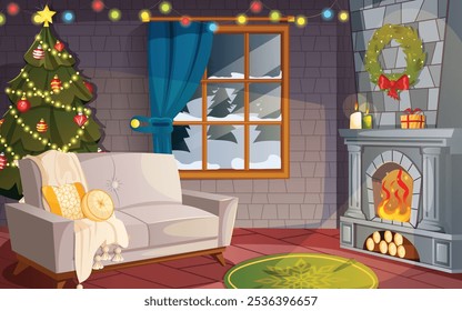 A sala de estar acolhedora decorada de Natal com lareira, sofá, tapete, árvore de Natal e luzes coloridas de fadas. Vista da janela exterior neve. Ilustração do vetor de fundo do desenho animado 