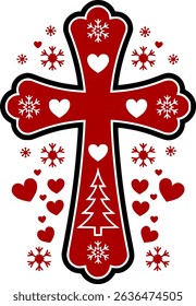 Christmas Decorated Cross with Snowflakes, Hearts, and Christmas Tree, Festive Christian Holiday Vector, Transparent Background , John 3:16 Inspired