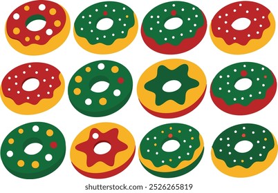 Christmas Decorated Donuts Vector Illustration | Cartoon, Clipart, Line Art Design
