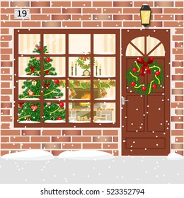 Christmas decorated door, house entrance with wreath. Illuminated building facade of red bricks with door, window, garland, xmas tree, snowflakes, fireplace. Vector. For postcards, prints banner