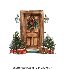 christmas decorated door vector illustration in watercolor style