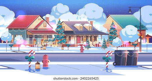 Christmas decorated facades of neighboring houses. Christmas street town holyday illumination. Flat vector illustration