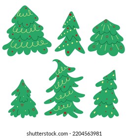 Christmas decorated fir trees clipart set. Christmas trees collection isolated vector illustration. New Year symbol. Festive trees decorated with balls, lights and garlands