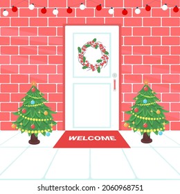 Christmas decorated front door vector illustration. Happy New Year festive illustration.