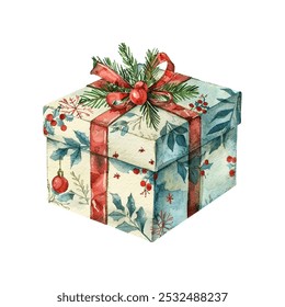 christmas decorated giftbox vector illustration in watercolor style